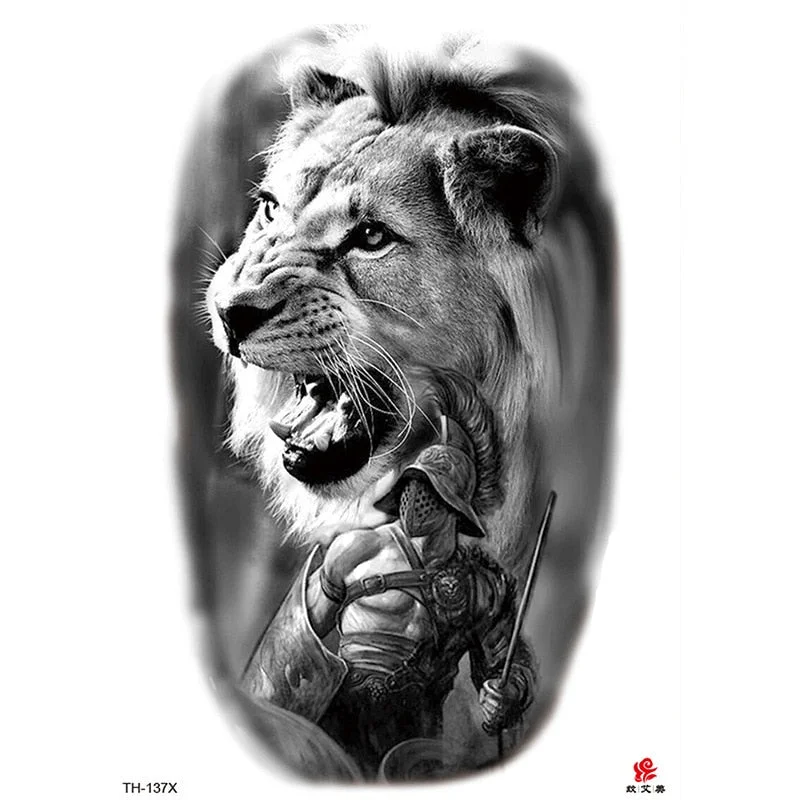 Waterproof Temporary Tattoo Sticker Lion King Clock Tiger Pattern Fake Tatto Black Body Art for Women Men Tattoo Sticker