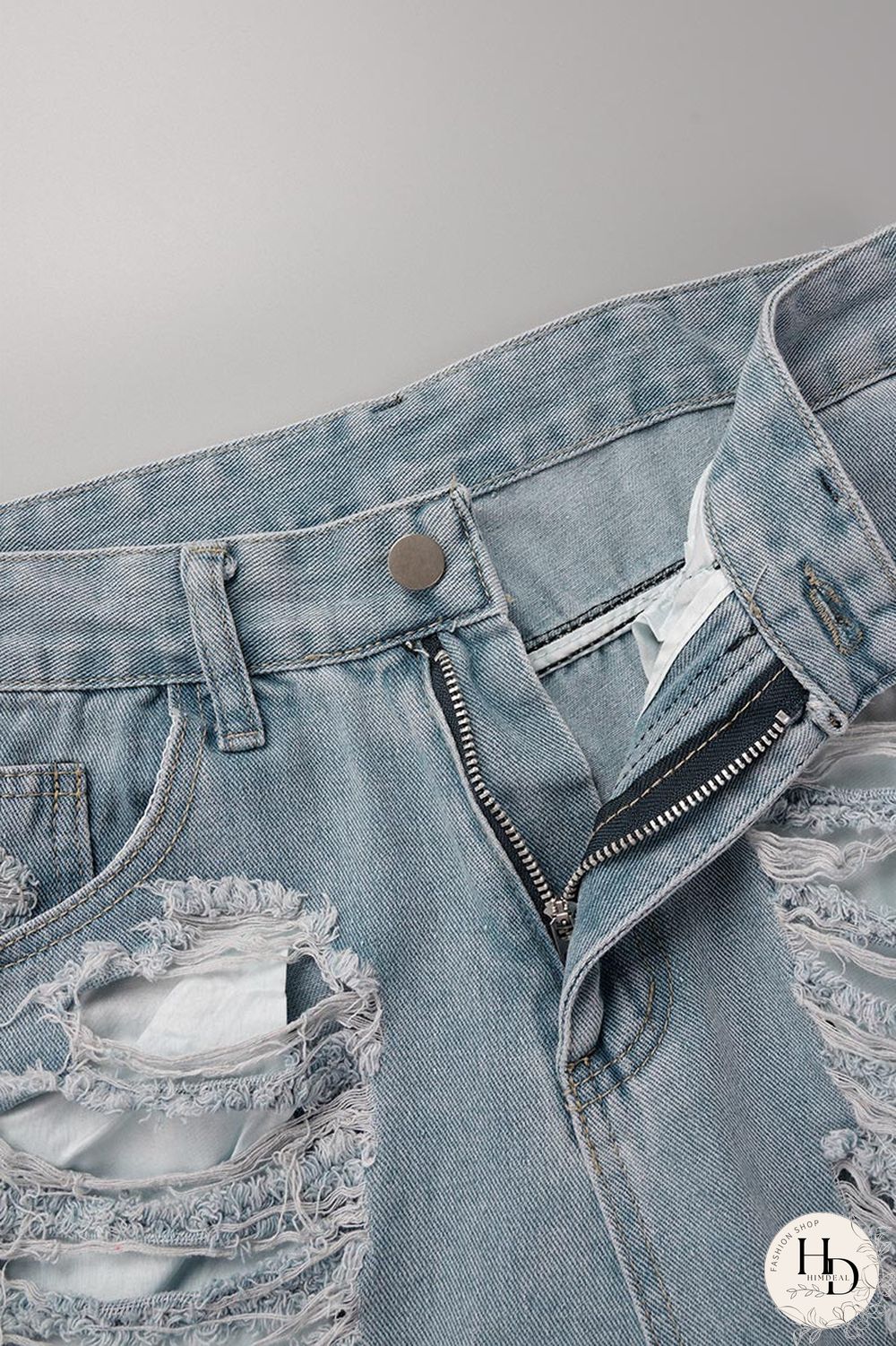 Sky Blue Street Solid Ripped Make Old Patchwork High Waist Denim Jeans