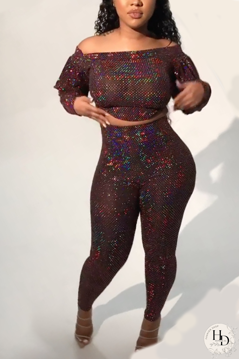 Multicolor Sexy Patchwork Sequins Bateau Neck Long Sleeve Two Pieces