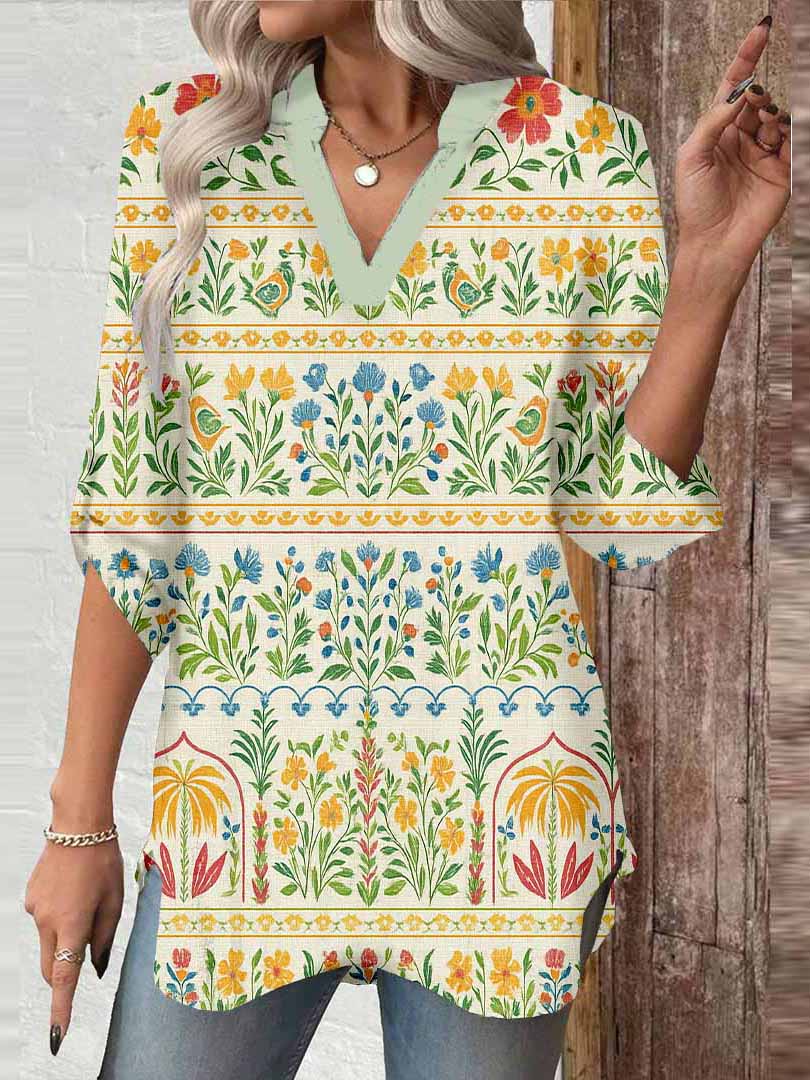 Women Artistic Of, Floral, Green DZGA0135 3/4 Sleeve V-neck Printed Graphic Button Tops