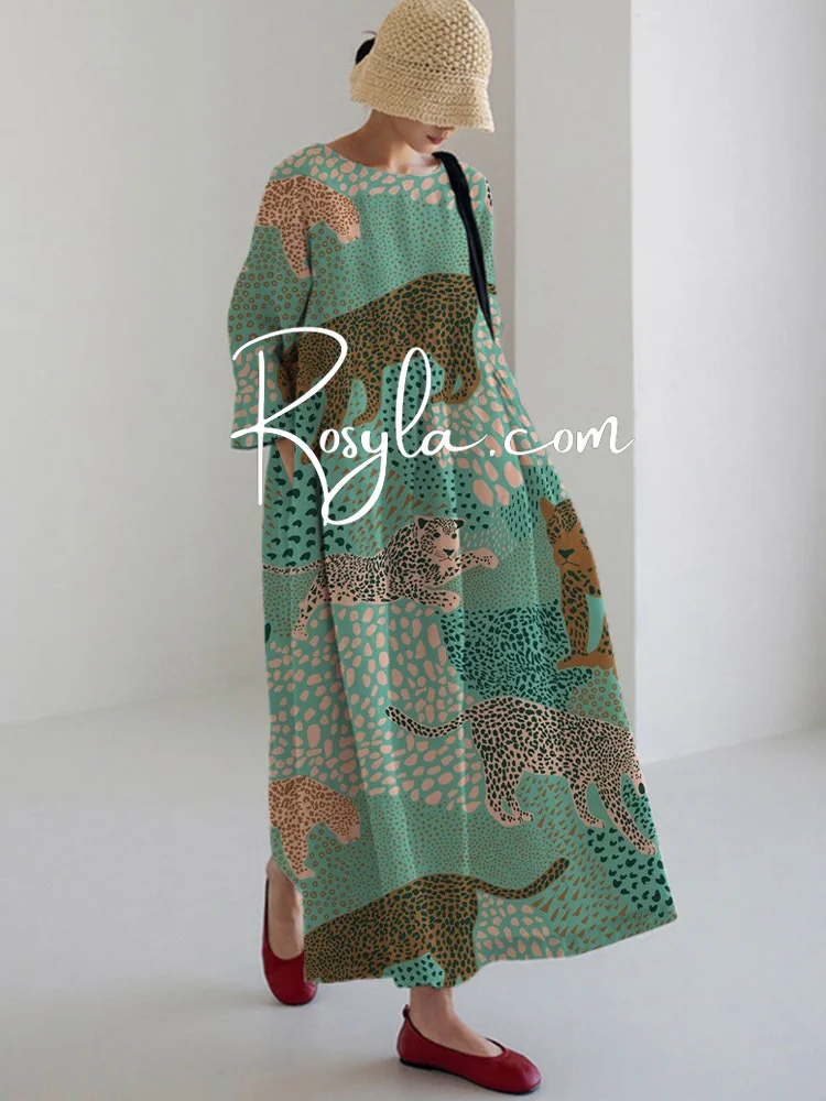 Women's Vintage Leopard Printing Long Sleeve Midi Dress