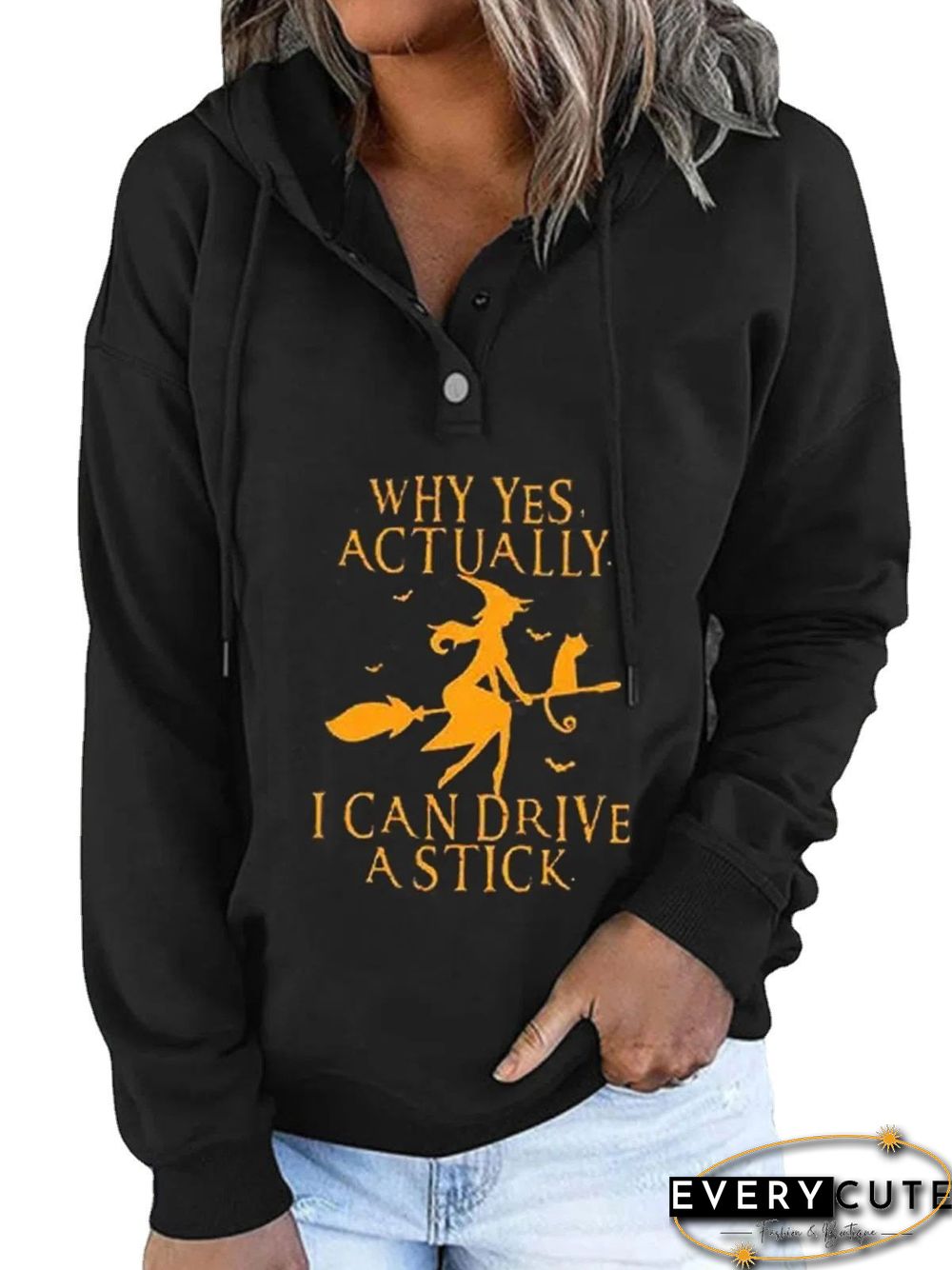 Halloween Witch Printed Black Hoodie
