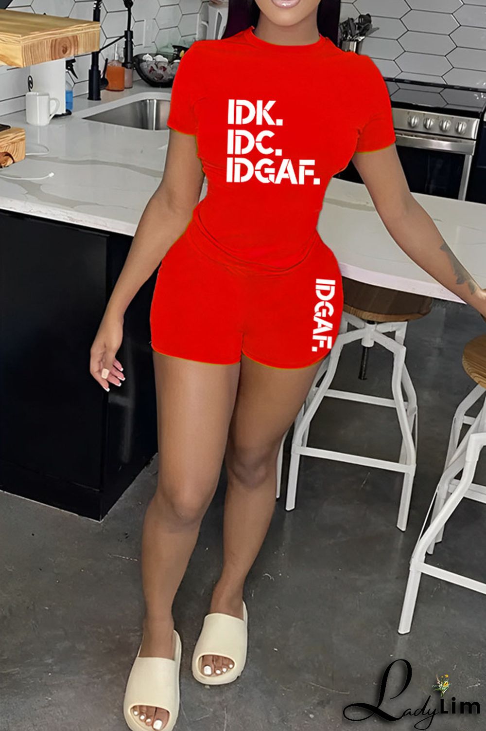 Red Casual Print Patchwork O Neck Short Sleeve Two Pieces