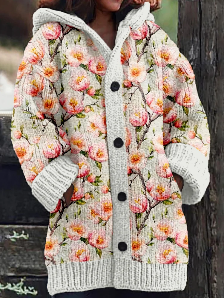 Comstylish Elegant Floral Knitted Cozy Hooded Cardigan