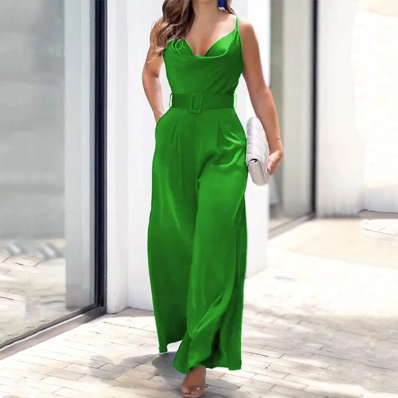 Women  Suspender Jumpsuit Nipped Waist Lace Up Casual Loose With Pockets Wide Legs Rompers High Streetwear