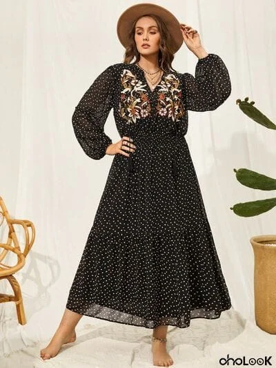 Plus Size Embroidered Tassel Balloon Sleeve Dress