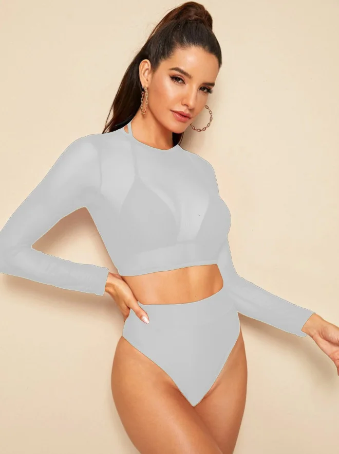 Mongw Mongw Sleeve Smock Mesh Bikini Swimsuit Split High Waist Triangle Three Piece Swimsuit 2023
