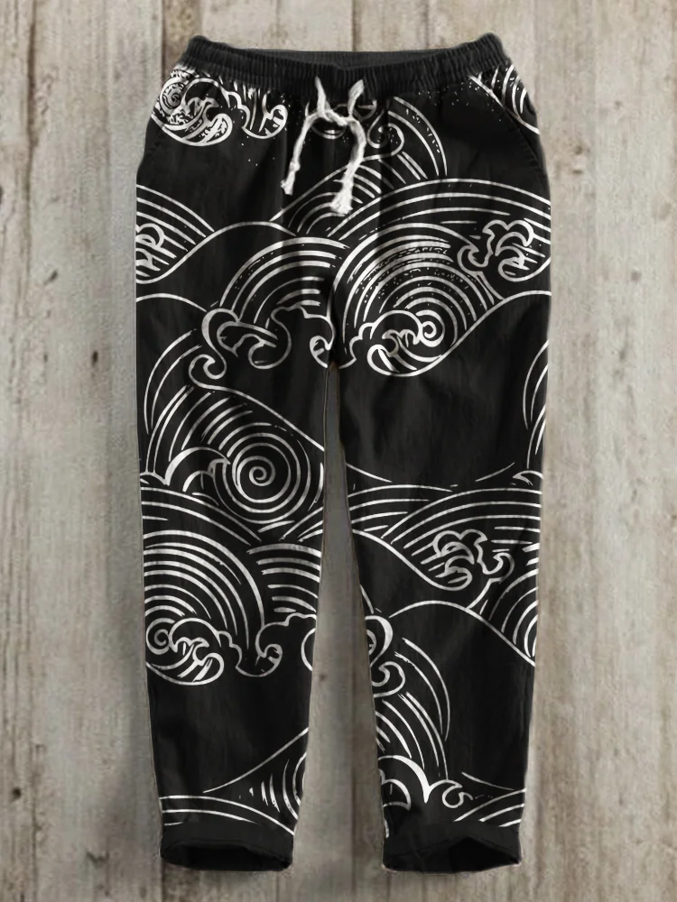 Sea Waves Japanese Lino Art Linen Blend Casual Pants