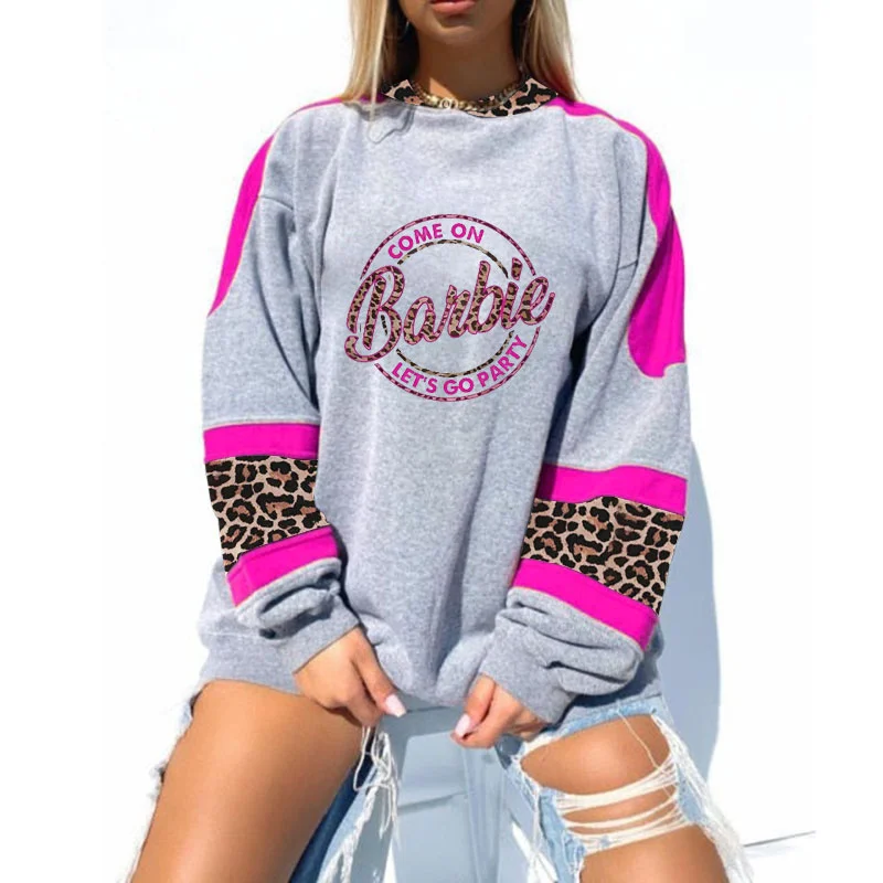 Women's Retro Barbie Girl Color Block Leopard Print Sweatshirt