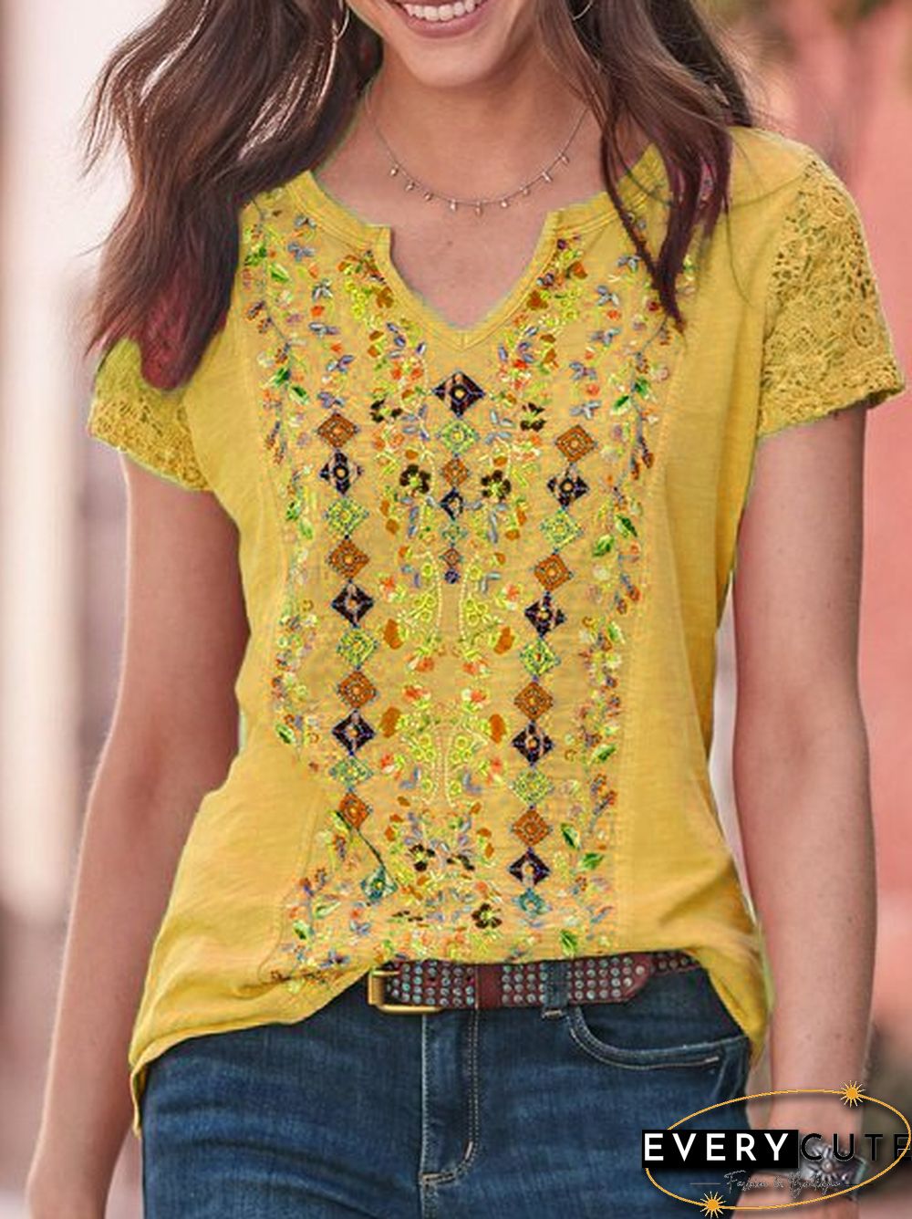 Women Vintage Boho Plain Crew Neck T-shirt