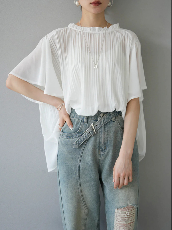 Ruffle Round Neck Short Sleeve Pleated Solid Color Blouses