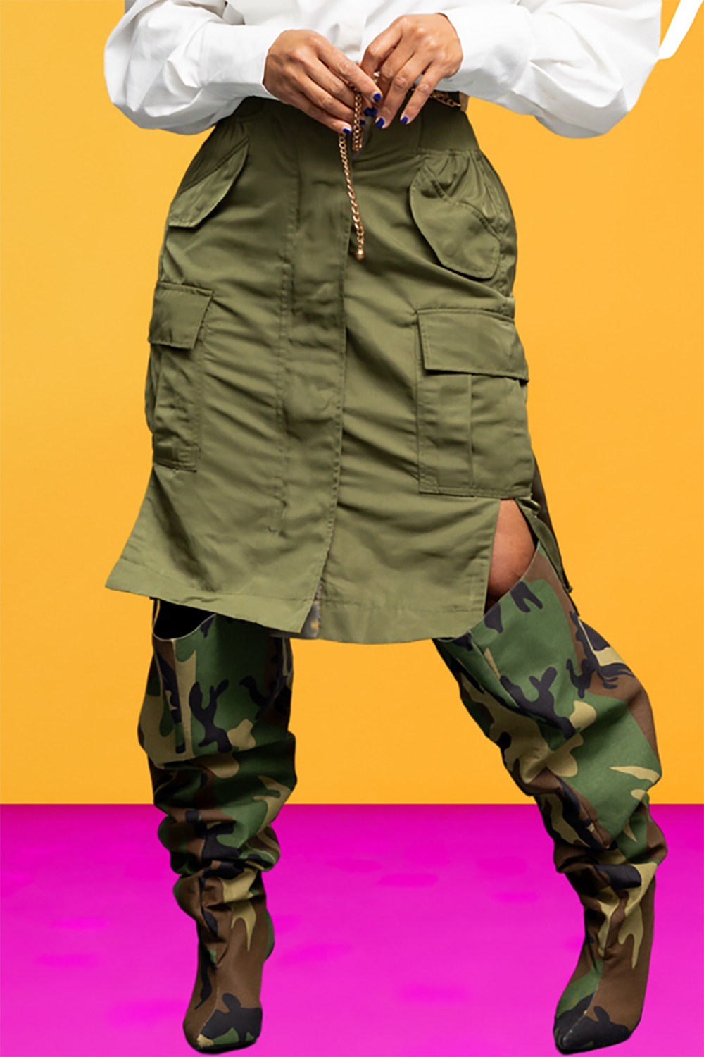 Plus Size Daily Olive Green Cargo Pocket Split Skirts [Pre-Order]