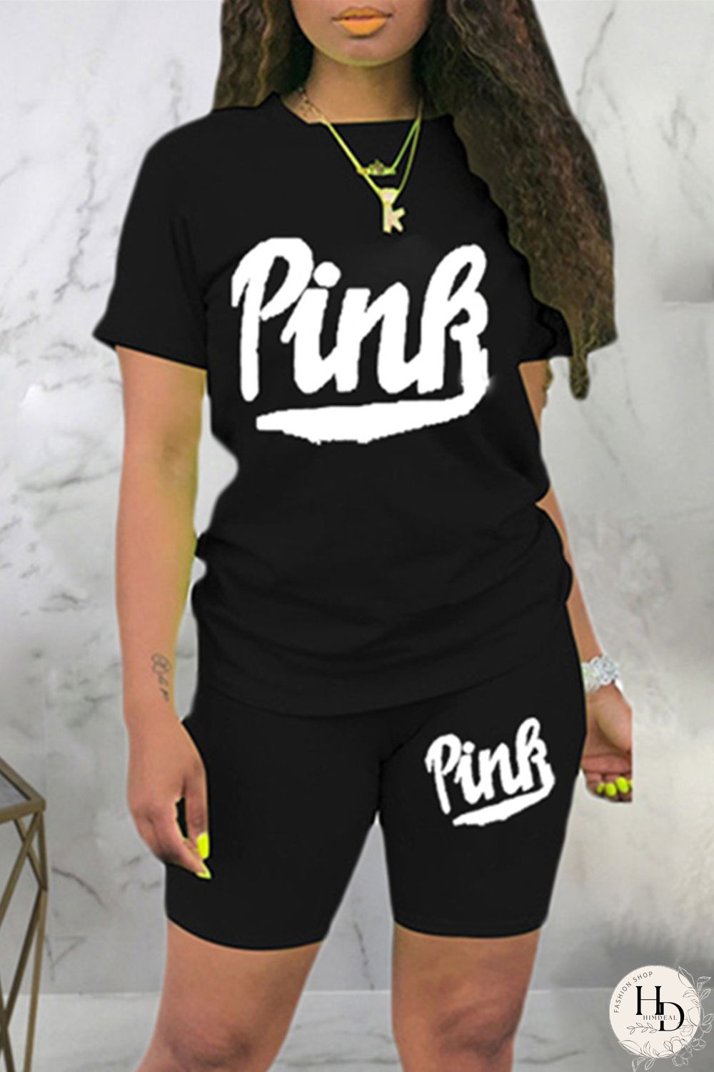 Black Fashion Casual Letter Print Basic O Neck Short Sleeve Two Pieces