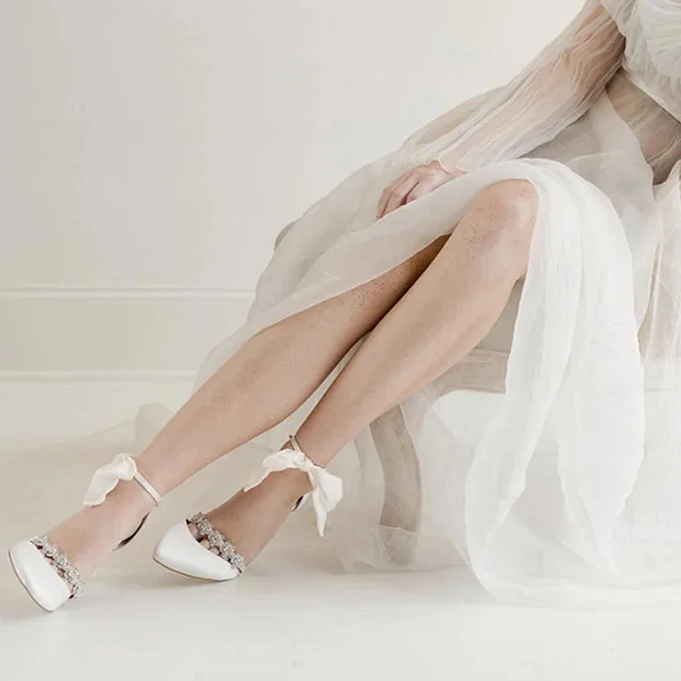 Ivory Stiletto Heel Satin Shoes Pointed Rhinestone Strap Wedding Pumps |FSJ Shoes