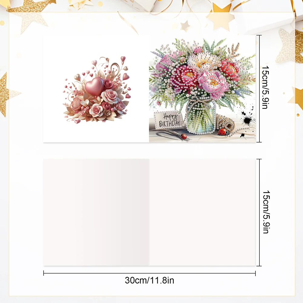 [Upgrade-Laser Card]6Pcs Birthday Bouquet DIY Diamond Painting Card Diamond Drawing Card for Friends