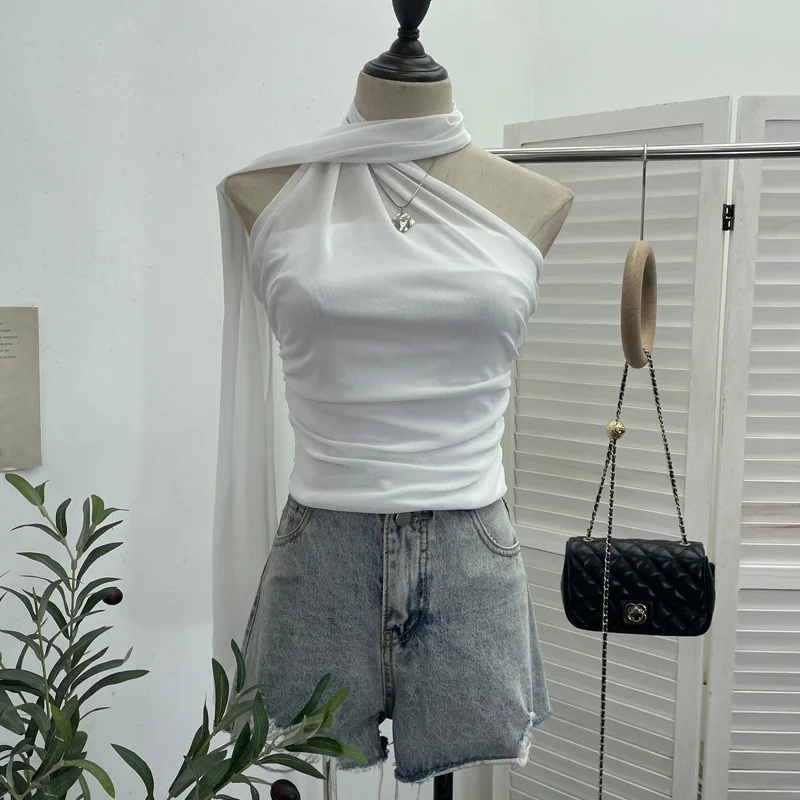 Nigikala Nigikala Shooting 2025 Spring New Mesh Hanging Neck Top Women With Asymmetric Sleeveless Vest Short Top 1125