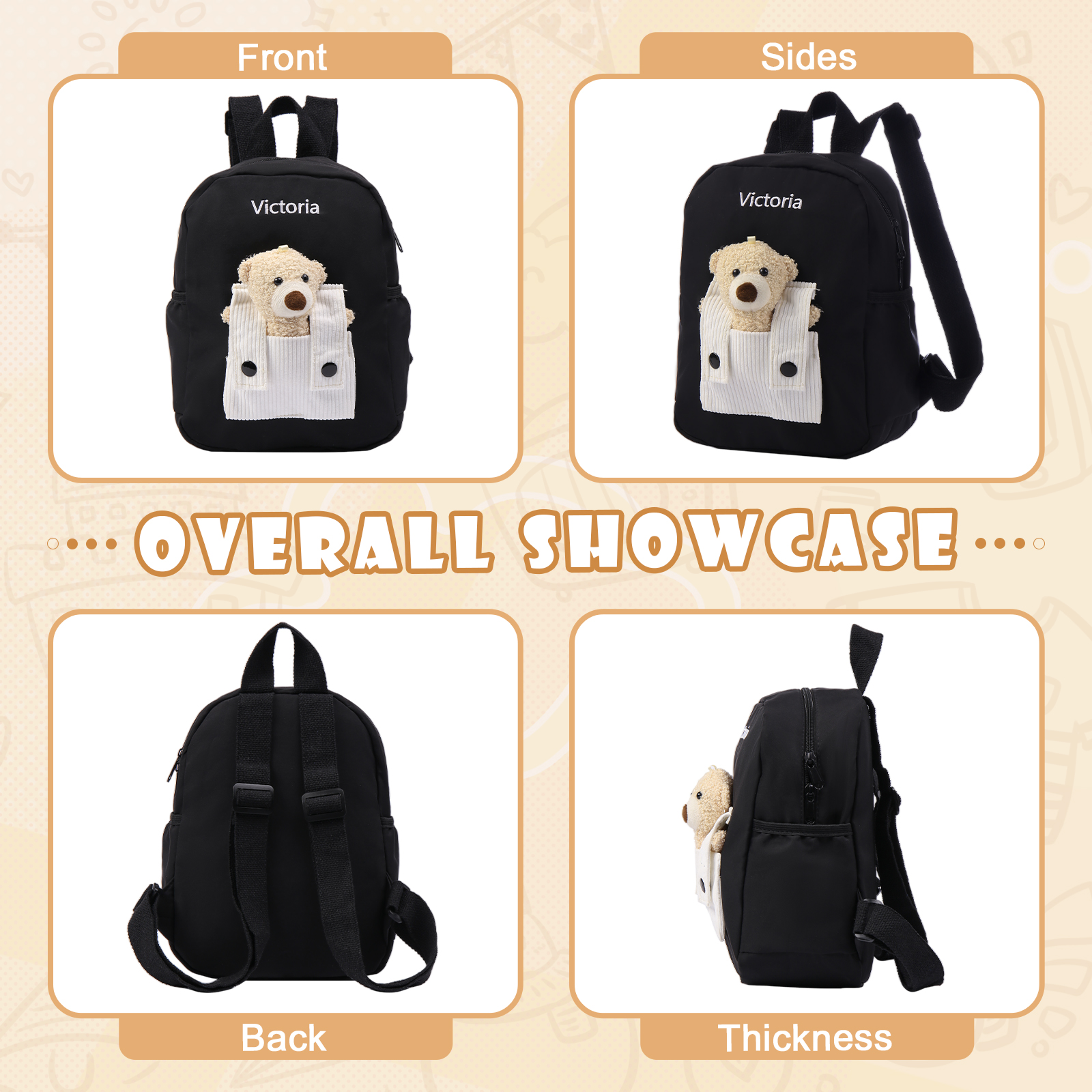 Personalised Bear School Bag Custom Name Canvas Backpack Back To School Gift for Kids-Jessemade AU