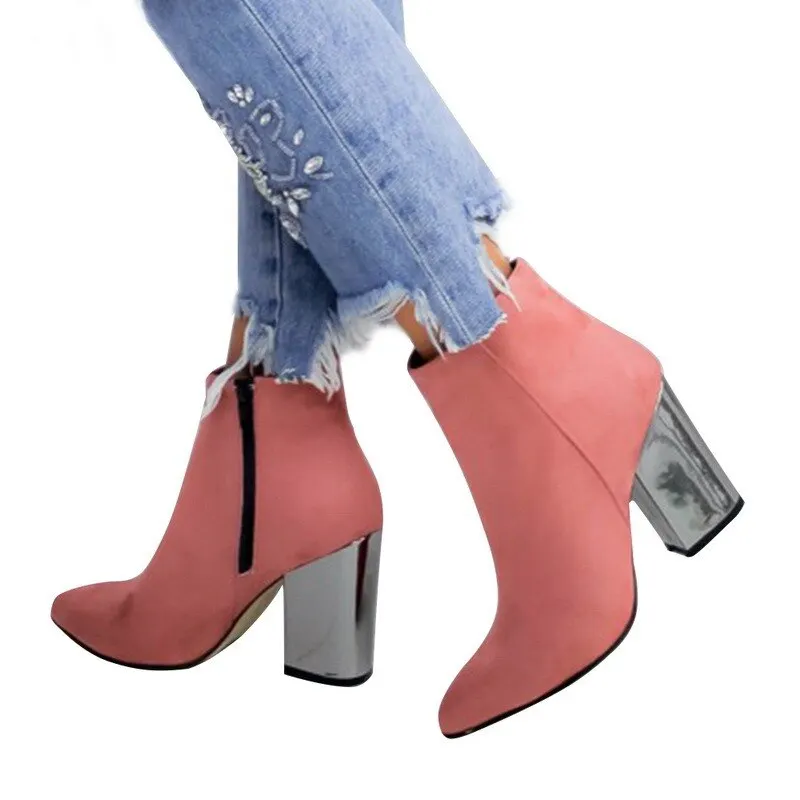 2021 Spring Autumn Ankle Boots Soft Leather Woman Boots Pointed High Heels Shoes Fashion Thick Heel Back Zipper Women Shoes Boot