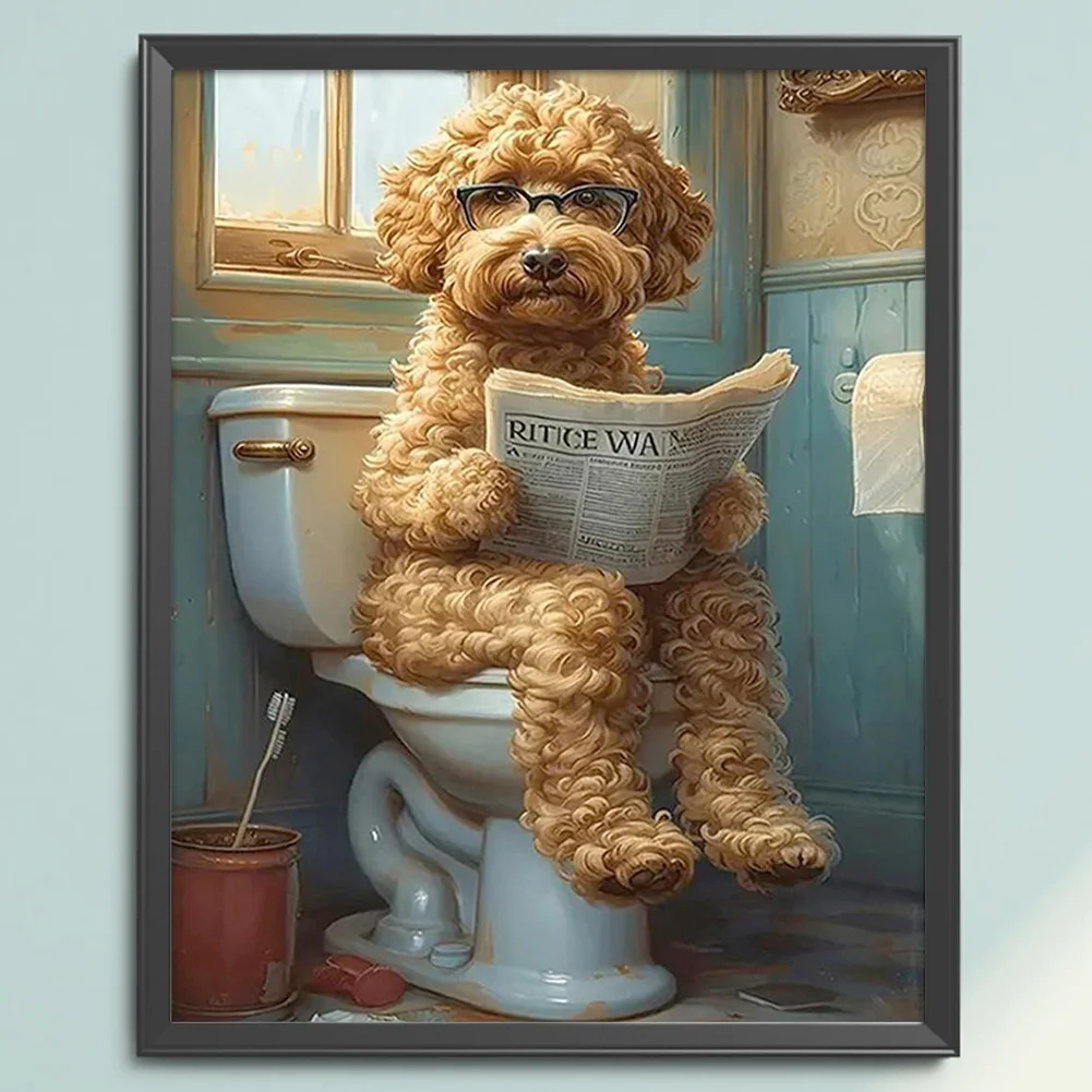 11CT Full Stamped Cross Stitch - Puppy Reading Newspaper In Toilet (40*50cm)