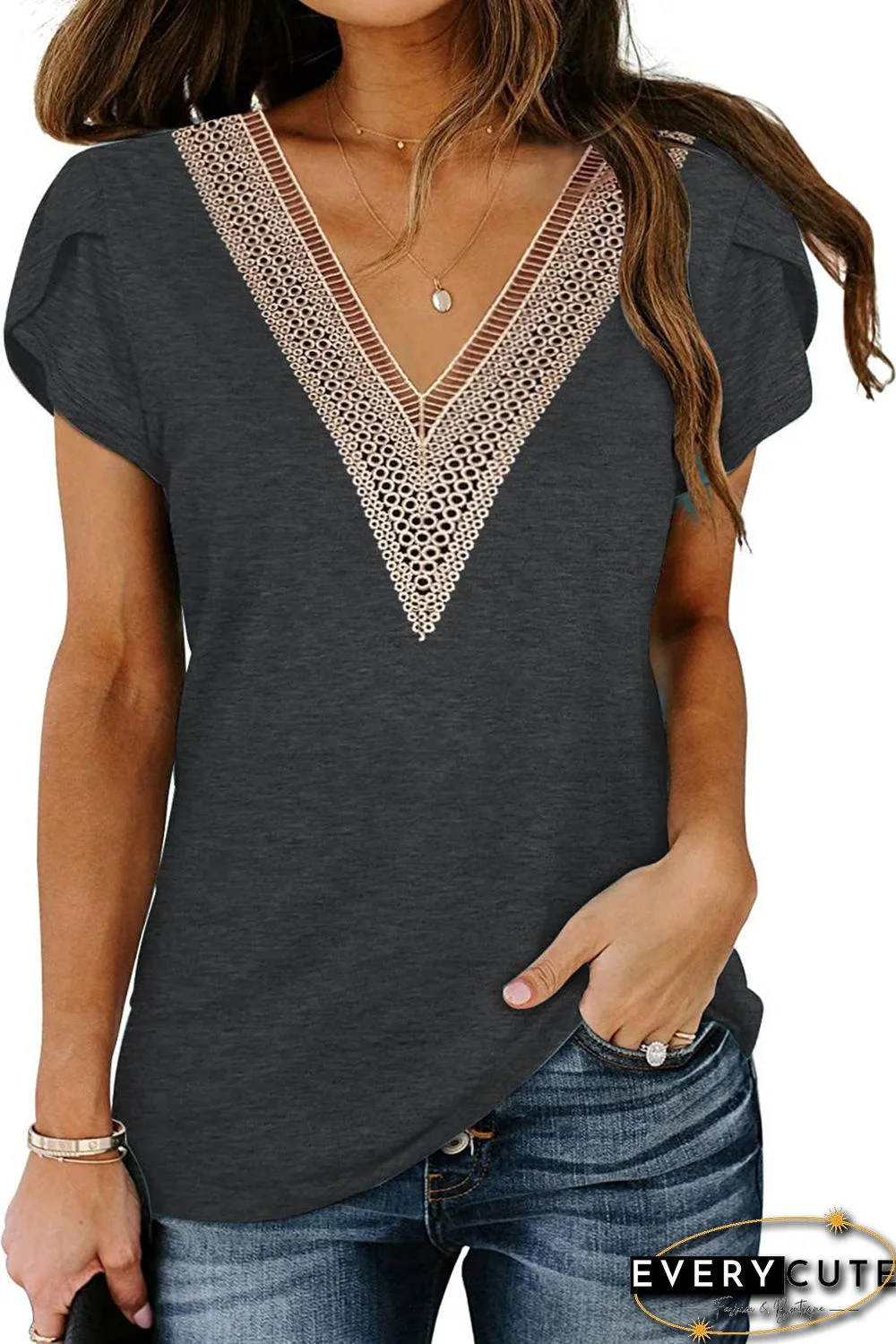 Black Lace Trim V Neck Overlap Short Sleeve Top