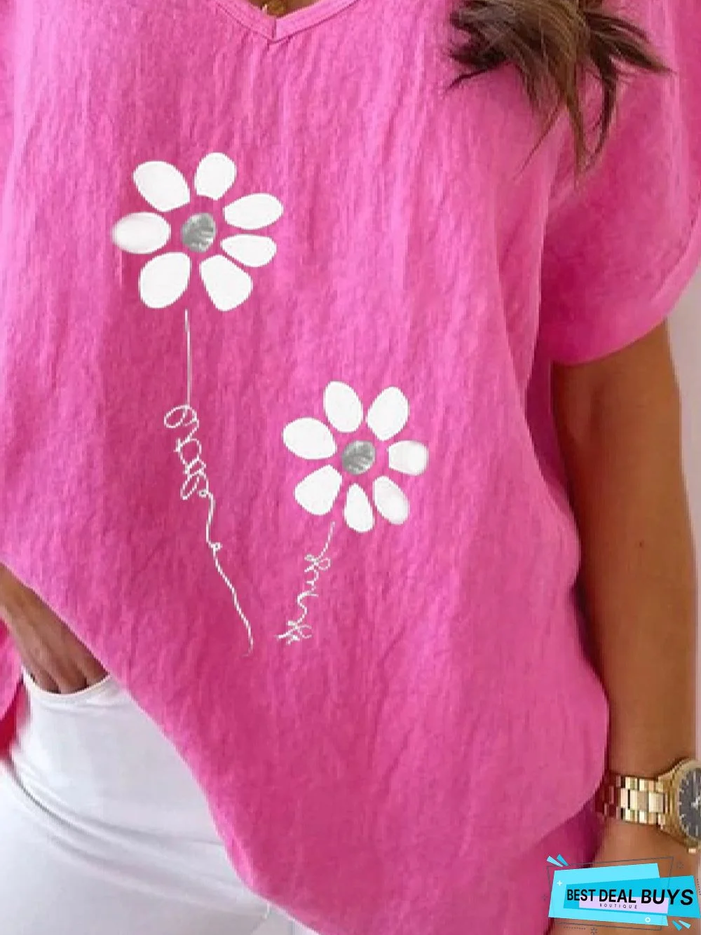 Casual Floral V Neck Loosen Short Sleeve Top