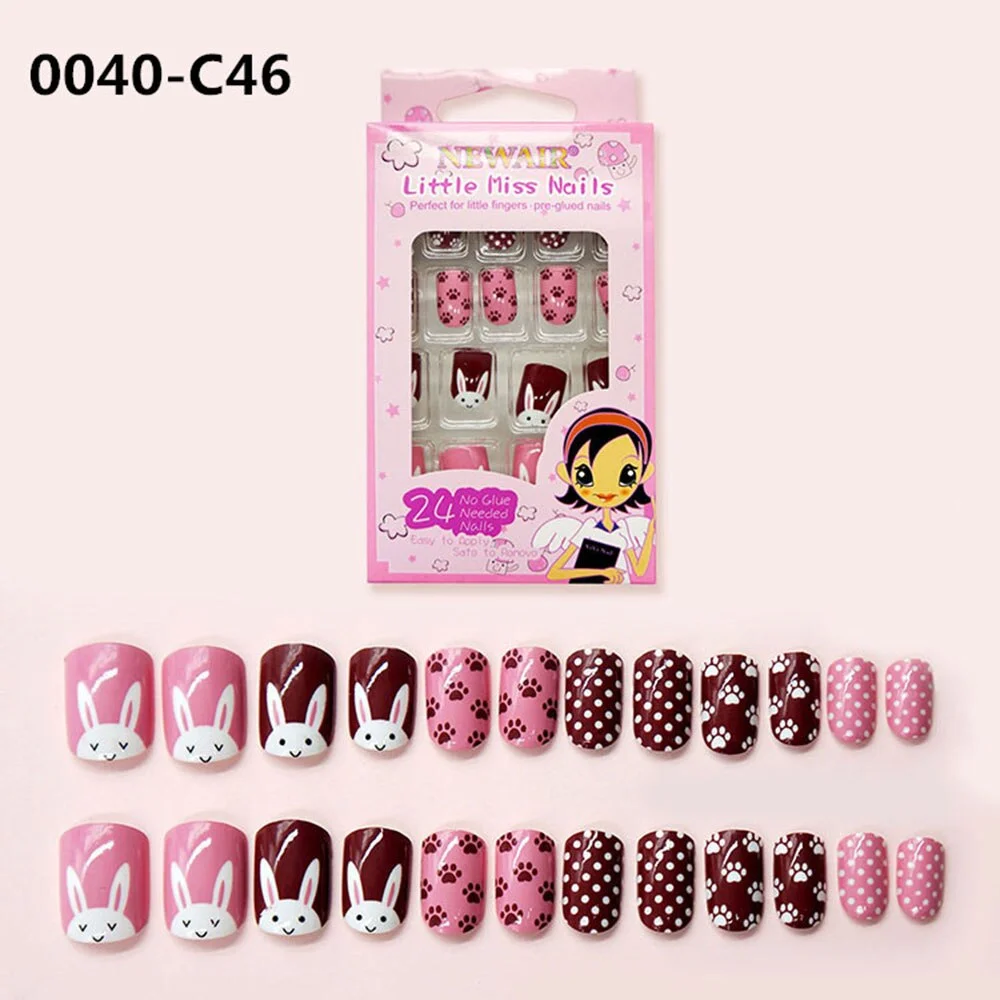 24Pcs/Set Press on Children Candy False Nail Tips Cartoon Full Cover Kid Pink Fake Nail Art for Little Girls Manicure Tool-Nail Inspo