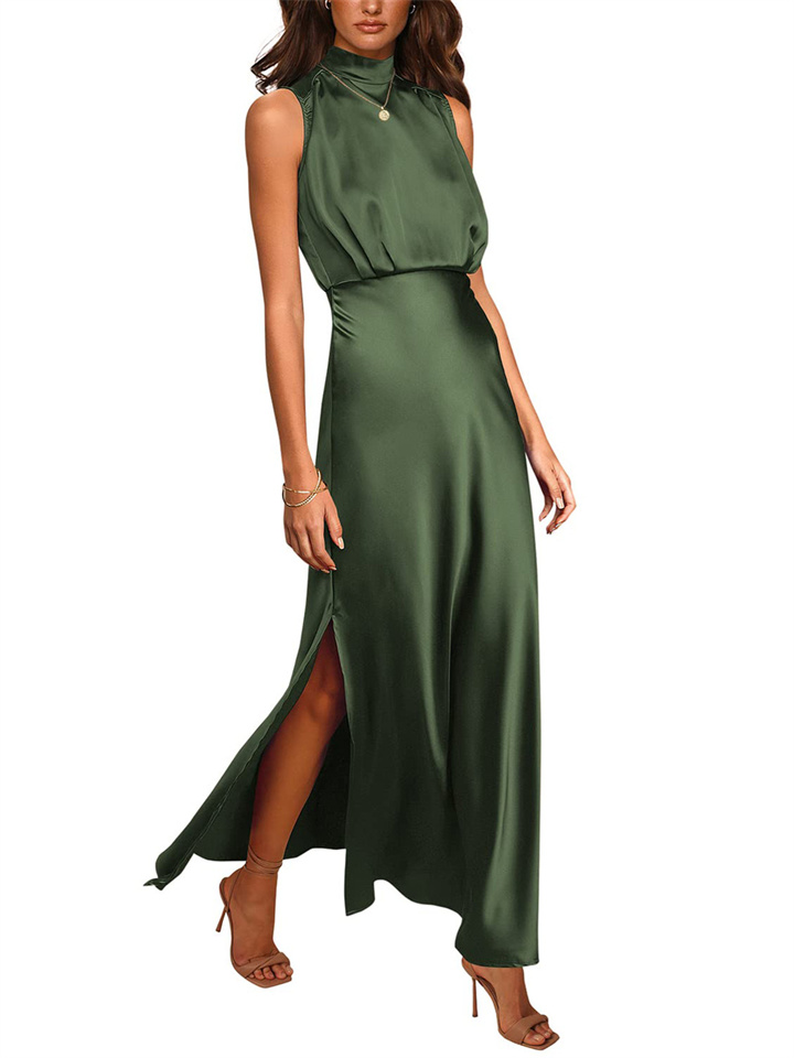 Women's Satin Stand-up Collar Dress Europe and The United States Fashionable Celebrity Sleeveless Light Evening Long Dresses