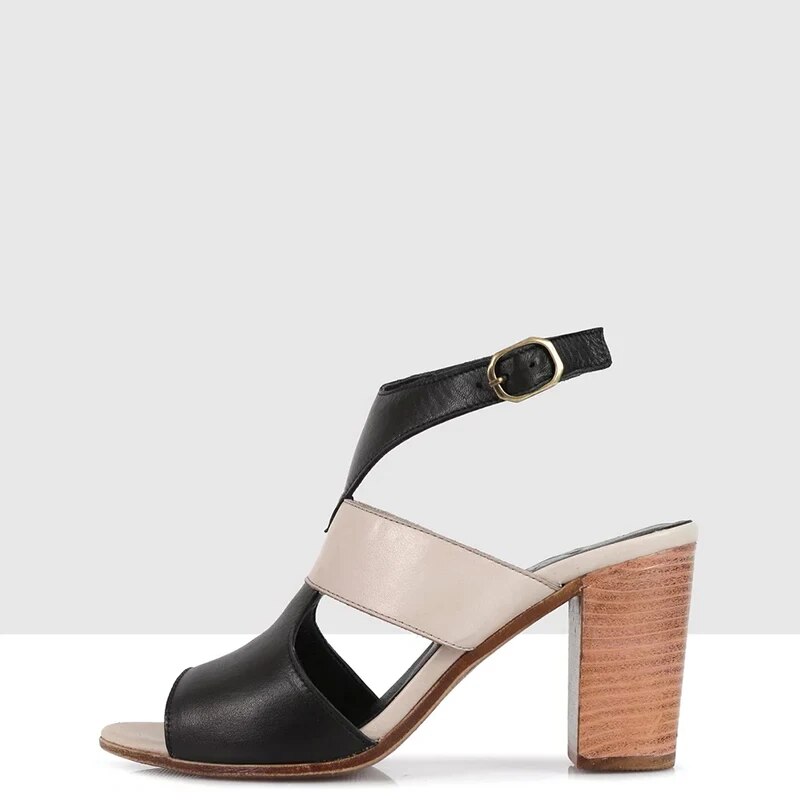 TAAFO Pink Brown Patchwork High Chunky Heels Women's Sandals Open Toe Buckle Strap Ladies Shoes