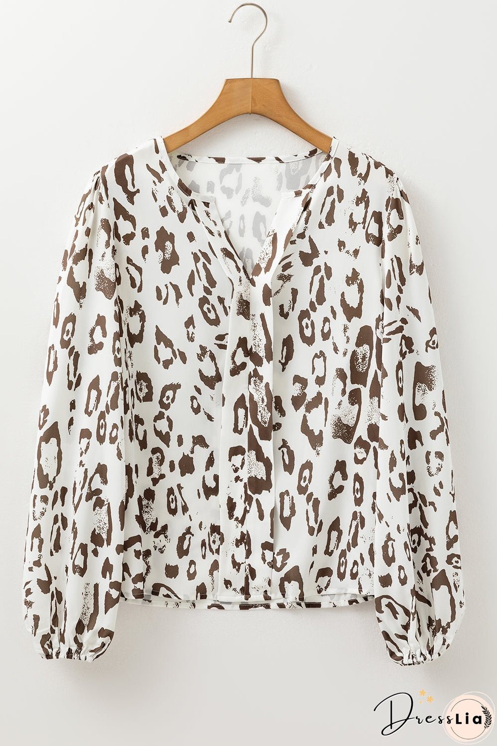 Khaki Leopard Print Split Neck Balloon Sleeve Blouse