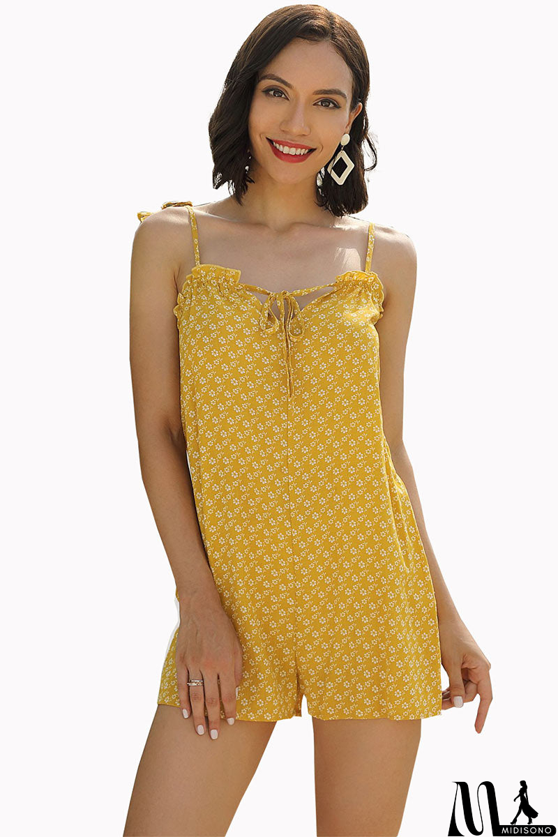 MidiSono - Yellow Floral Knot Strap Backless Romper