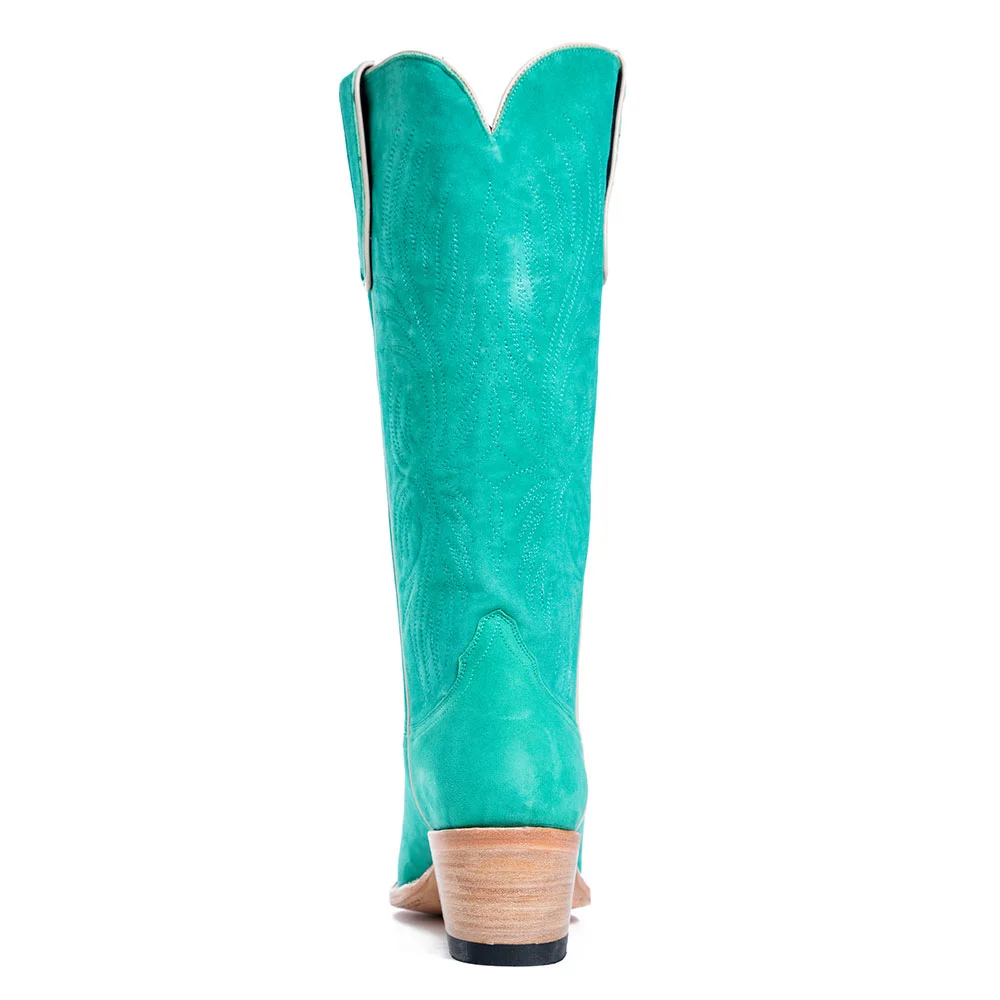 YDN Embroidered Chunky Heel Cowboy Boots for Women in Turquoise