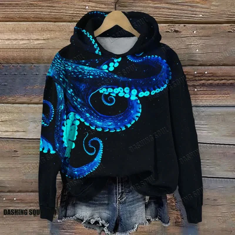 Three-dimensional Creative Octopus Print Long Sleeve Hoodie