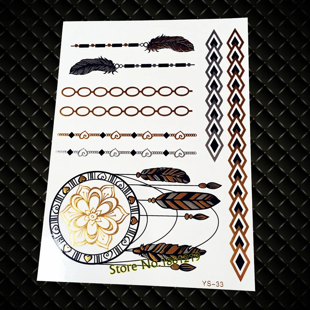 Sdrawing Shiny Metallic Tattoo Henna Gold Flower Body Art GCT166 Silver Lace Feather Tattoo Bracelet Flash Temporary Tattoo Stickers