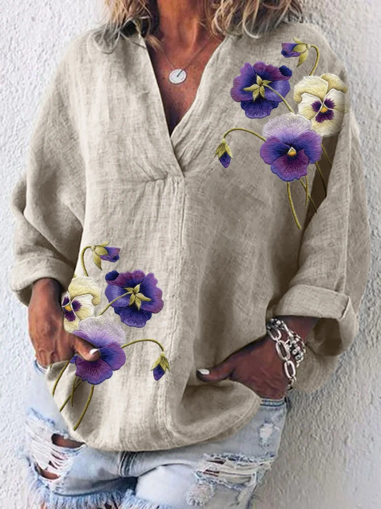 Classy Pansy Flowers Embroidered Linen Blend Tunic