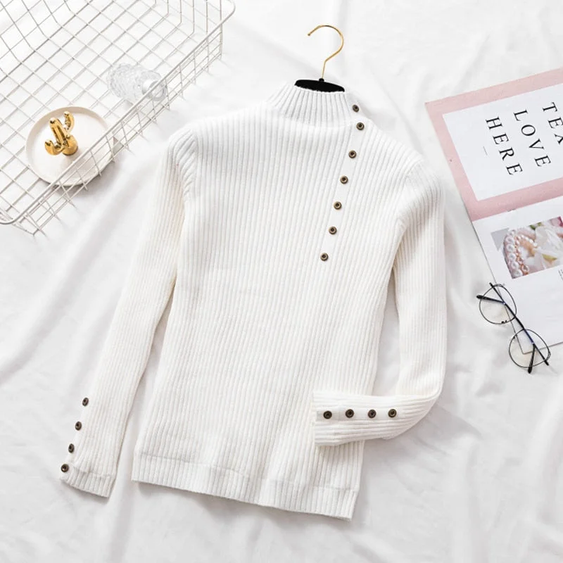 Women Office Lady Front Buttons Fleece Knitted Sweater Long Sleeve Mock Neck Solid Slim Pullover 2021 Winter New Fashion Tops