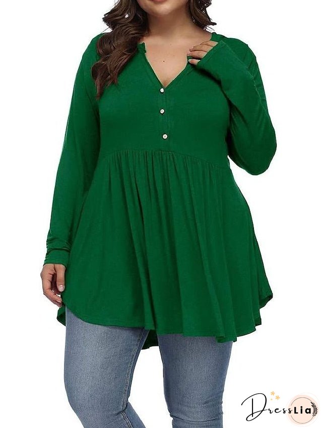 T shirt Tee Light Blue claret Deep Purple Plain Button Flowing tunic Long Sleeve Daily Weekend Basic V Neck Long Plus Size L for Women