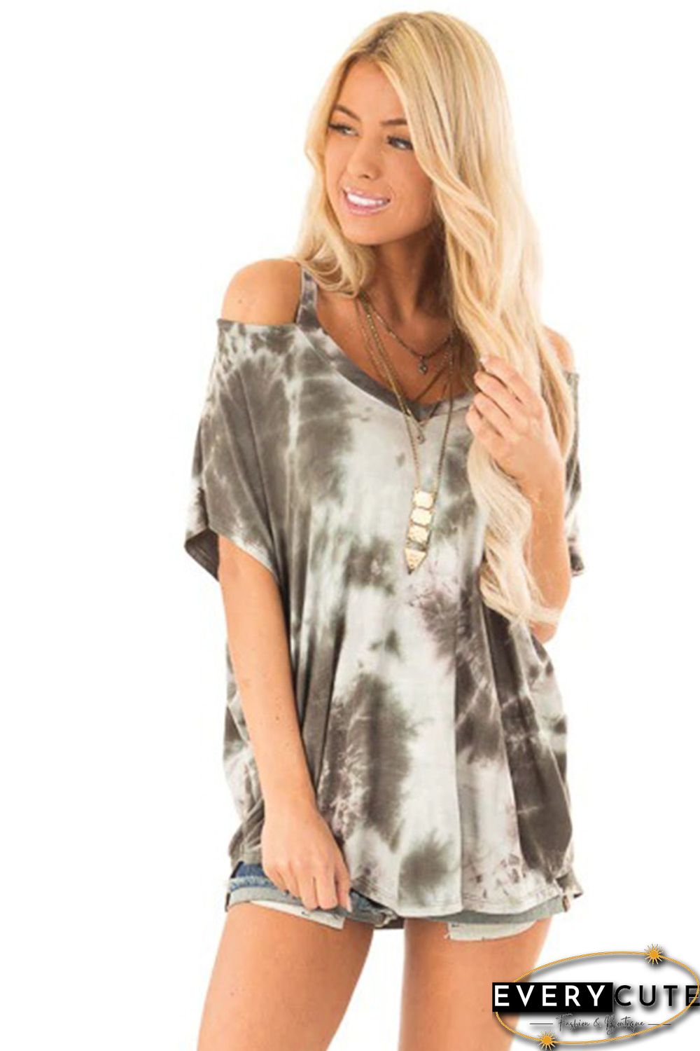 Taupe Tie Dye Cold Shoulder Blouse
