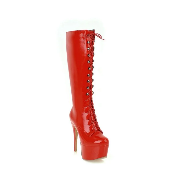 14cm super high heels knee high boots woman rouned toe platform black white red lace up ladies boots party shoes woman
