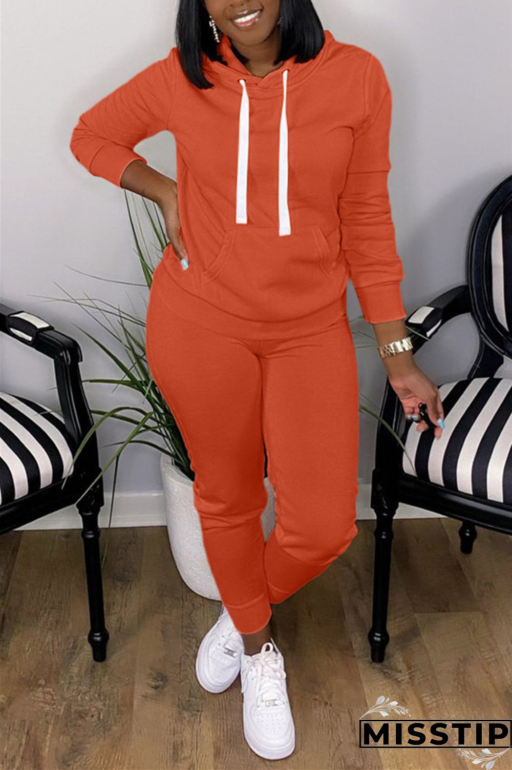 Orange Fashion Casual Long Sleeve Hooded Collar Regular Sleeve Regular Solid Two Pieces