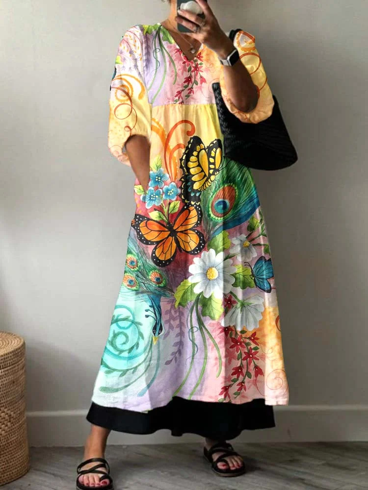 Womens Butterfly Flower Floral Pattern Cotton Dress