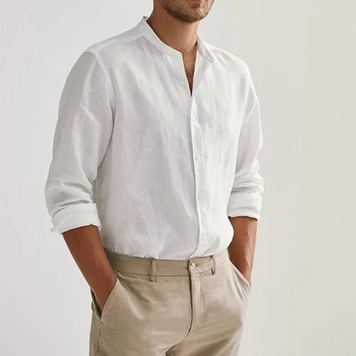 Men's Comfortable Regular Fit Cotton Stand Collar Long Sleeve Shirt