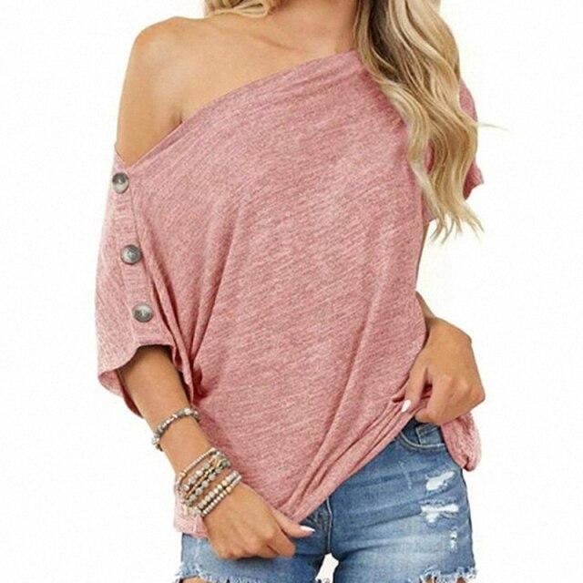 Fashion T Shirt Women Solid Color Off The Shoulder Woman Tshirts Button Short Sleeve Ladies Tops Bottom Mujer Camisetas - Shop Trendy Women's Fashion | TeeYours