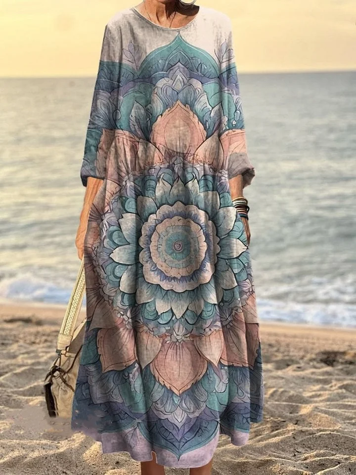 Women's Vintage Floral Art Print Pocket Cotton Dress
