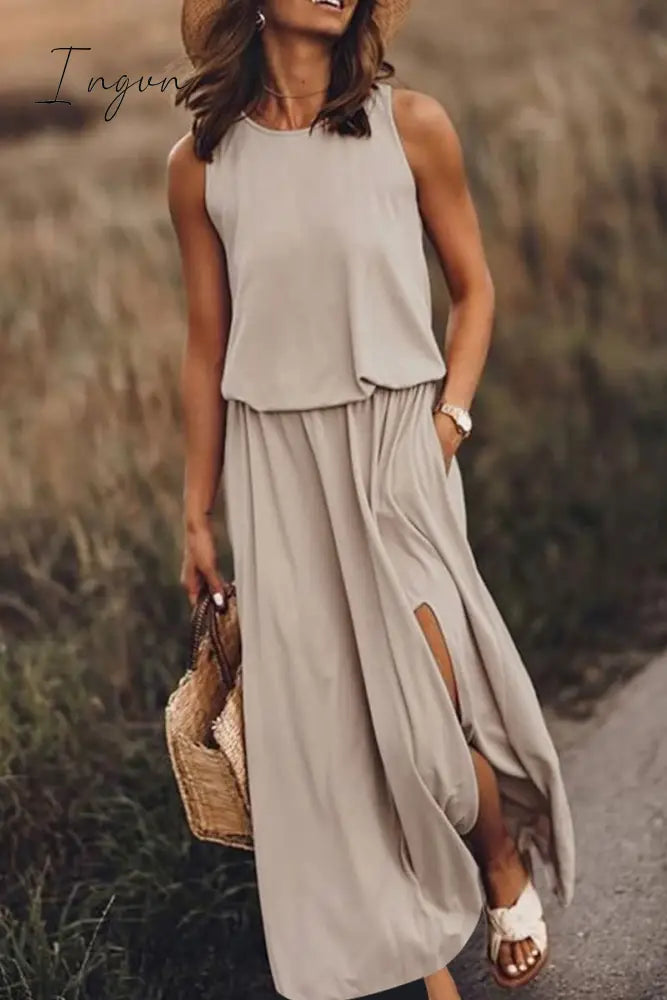 Ingvn - Bohemian Sleeveless Side Slit Maxi Dress S / Khaki