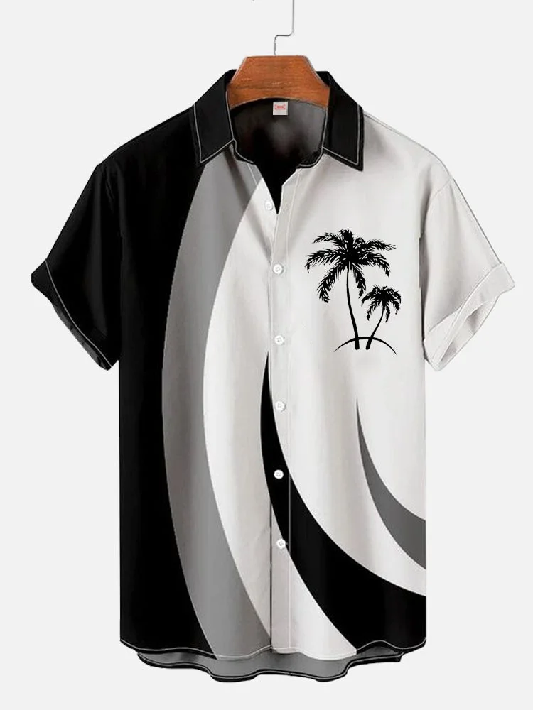 Vintage Gray, Black And White Stitching Palm Tree Silhouette Printing Short Sleeve Shirt