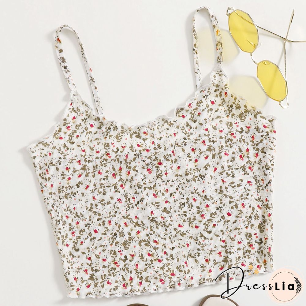 Ribbed Knit Flower Prints Cropped Cami Tops Lace Trim Tank