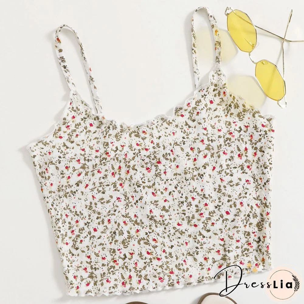 Ribbed Knit Flower Prints Cropped Cami Tops Lace Trim Tank