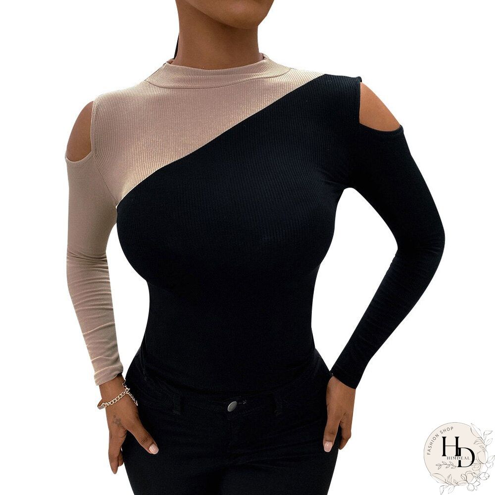 Woman Slim Hollow Out Long Sleeve Tops Patchwork Color Round Neck Elegant Vintage Autumn Female Casual Tops Fit T-Shirt D30