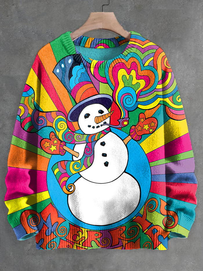 Men's Psychedelic Christmas Hippie Snowman Art Print Knit Sweatshirt