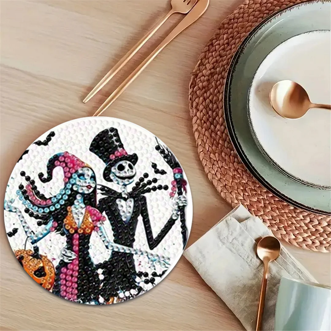 8pcs Cartoon DIY Diamond Painting Wooden Coasters Kits with Holder (Skeleton)